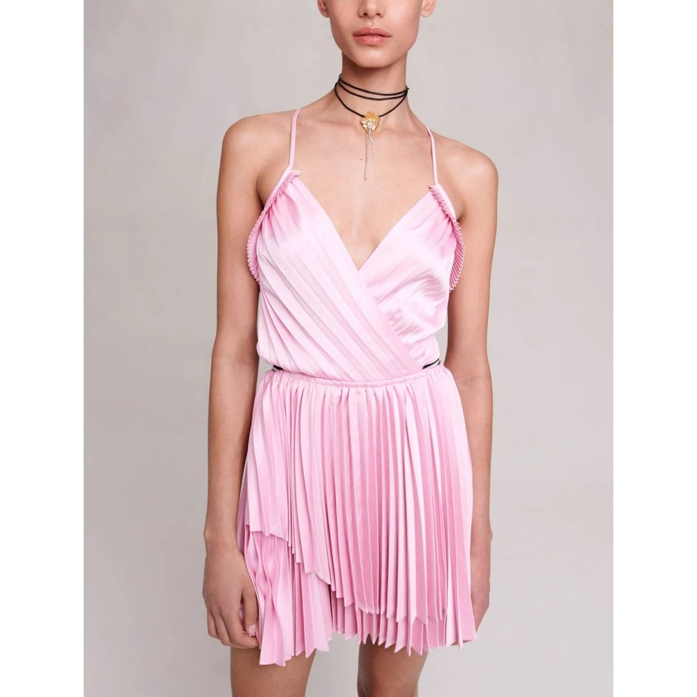 NWT Maje Riplital Cut Out Pleated Dress Rose Pink Short Backless Mini Size 42 XL